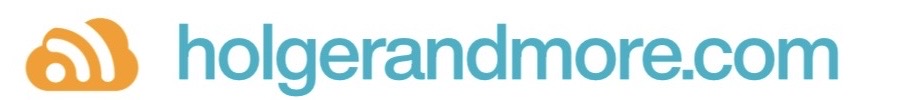 Logo von holgerandmore.com mit einem orangefarbenen Symbol und blauem Text.